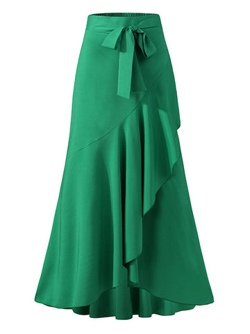 Solid Color High Waist Ruffle High Low Hem Swing Maxi Skirts For Women