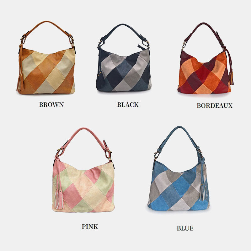 Women Faux Leather Fashion Color Block Tassel Crossbody Bag Shoulder Bag