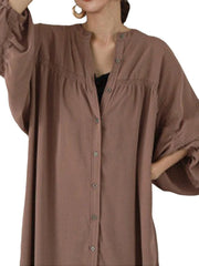 Women Loose Shirt Buttons Solid V-Neck Calf Length Midi Dresses
