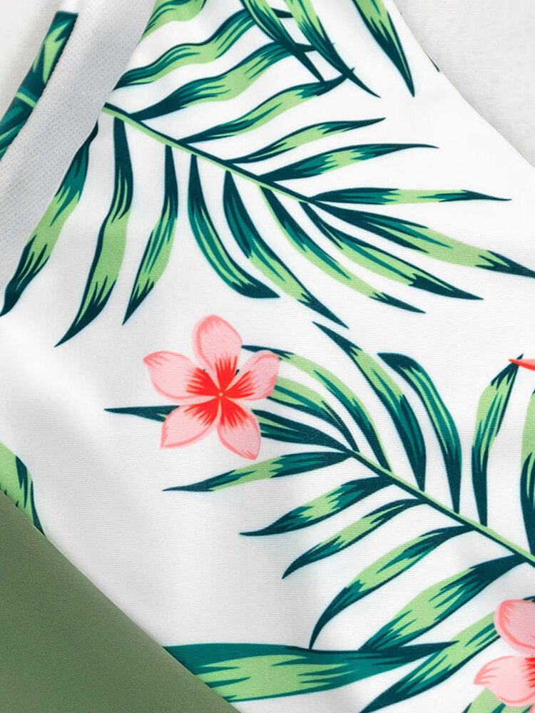 Contrast Leaf Print Lace Up Wide Straps Green One Piece Summer Hawaii Swimsuit