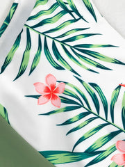 Contrast Leaf Print Lace Up Wide Straps Green One Piece Summer Hawaii Swimsuit