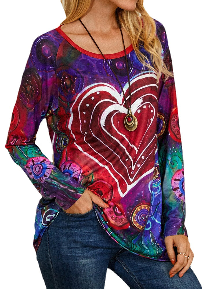 Women Graffiti Heart Floral Print Round Neck Casual Long Sleeve T-Shirt