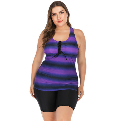 Plus Size Women Front Bandage Stripe Top Two-Piece Swimwear Cover Belly Tankinis