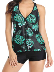 Women Plant Print Cover Belly Tankini Hawaii Holiday Swimwear