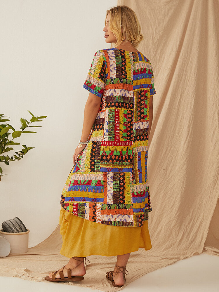 Ethnic Print Layered Short Sleeve Vintage Maxi Dress For Women