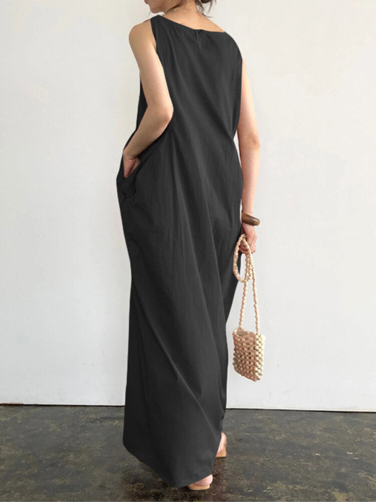 Women Elegant Solid Color Side Pockets Design Sleeveless Casual Maxi Dress