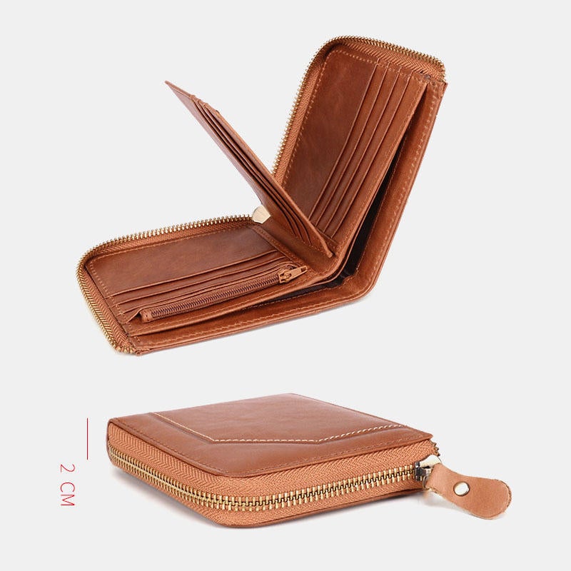 Men Genuine Leather Vintage Wallet RFID Blocking Zipper Coin Bag Card Holder