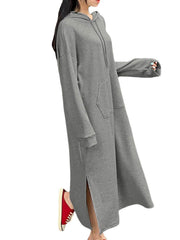 Women Puff Sleeve Sweatshirt Calf Length Front Pocket Side Fork Midi Dress