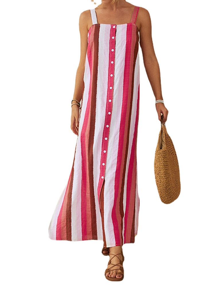 Striped Button Down Split Straps Women Casual Maxi Dress