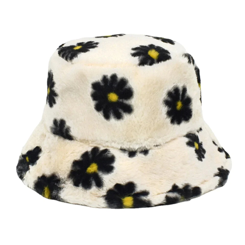 Women Lamb Hair Soft Warm Plus Thicken Casual All-match Cute Daisy Flower Pattern Bucket Hat