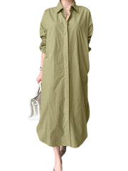 Women Brief Style Solid Color Turn-Down Collar Long Sleeve Casual Shirt Dress