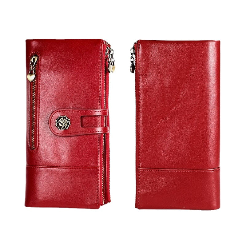 Women Genuine Leather Rfid Antimagnetic Multi-slots 14 Card Slots Zipper Bifold Long Wallet