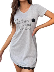 Women's Pajamas Nightgown Nighty Pjs Letter Simple Comfort Home Polyester V Wire Short Sleeve Spring Summer Gray