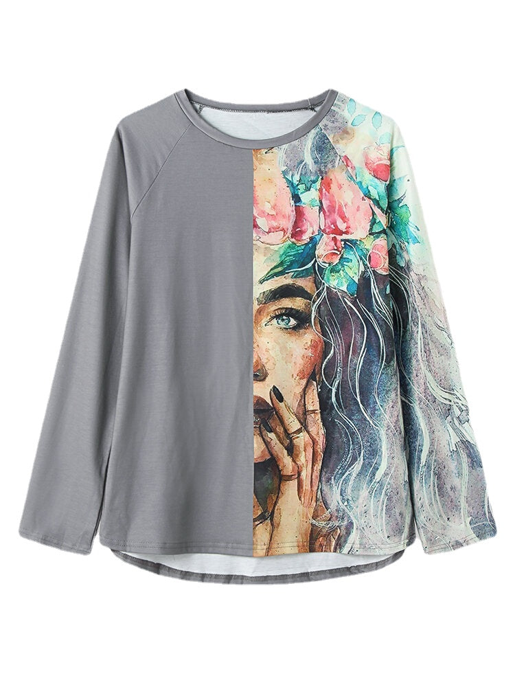 Women Figure Painting Print Patchwork O-Neck Casual Loose Long Sleeve T-Shirt