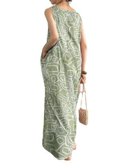 Sleeveless Round Neck Pocket Print Paisley Maxi Dress