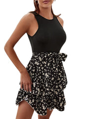 Women's Sleeveless Floral Ruched Crew Neck Stylish Cake Dress