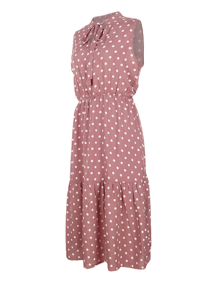 Polka Dot Print V-neck Sleeveless Knotted Pleated Dress For Women