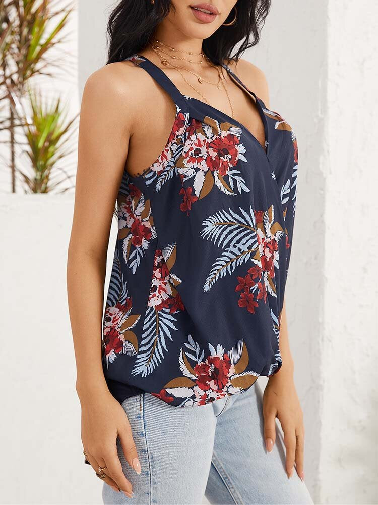 Floral Print Halter V-neck Patchwork Holiday Sleeveless Tank Top