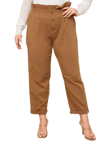 Plus Size Button Design Shirring Roll Pants