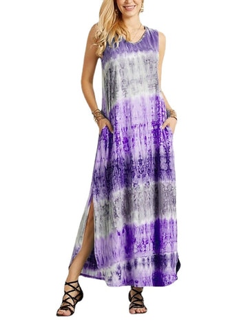 Women‘s Sleeveless Tie Dye Casual Split Comfortable Long Dress