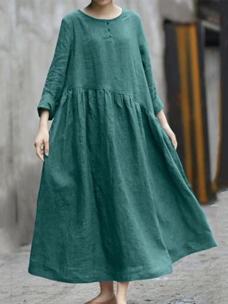 Women Solid O-Neck Irregular Front Buttons Casual Dress with Side Pockets