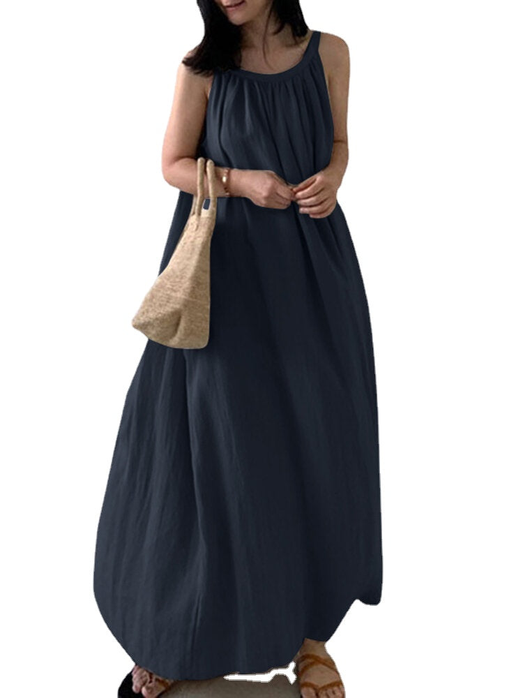 Solid Color Sleeveless Loose Cotton Maxi Dress