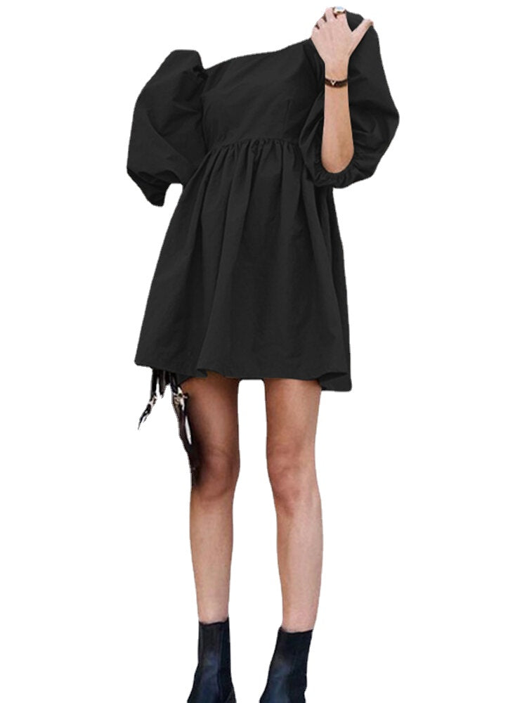 Puff Sleeve Solid European Casual Style Dress For Women