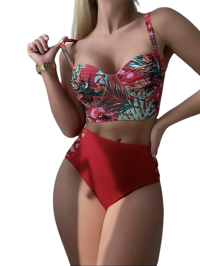 Women's Swimwear Bikini Normal Swimsuit 2 Piece Printing Floral Yellow Red Blue Bathing Suits Sports Beach Wear Summer