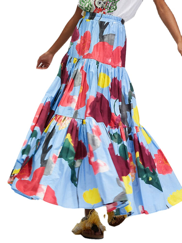 Women Colorful Floral Print Loose Elastic Waist A-Line Long Tiered Layered Skirt