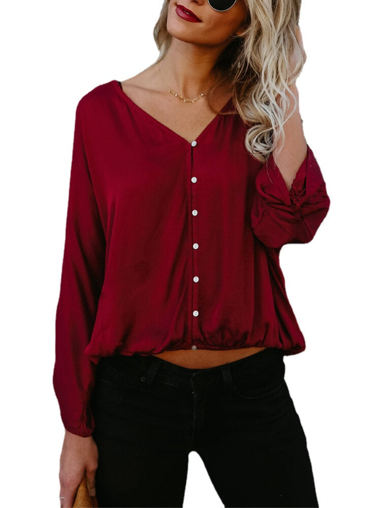 Women Elegant Solid Color V-neck Bat Sleeve Casual Blouse