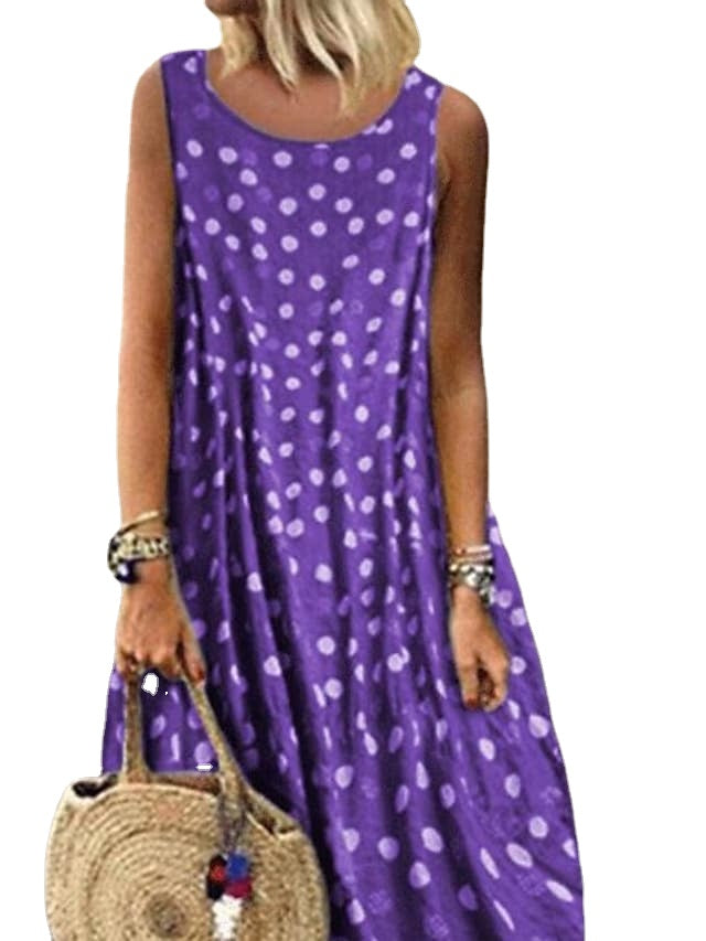 Women's Sleeveless Polka Dot Print Crew Neck Swing Boho Dress