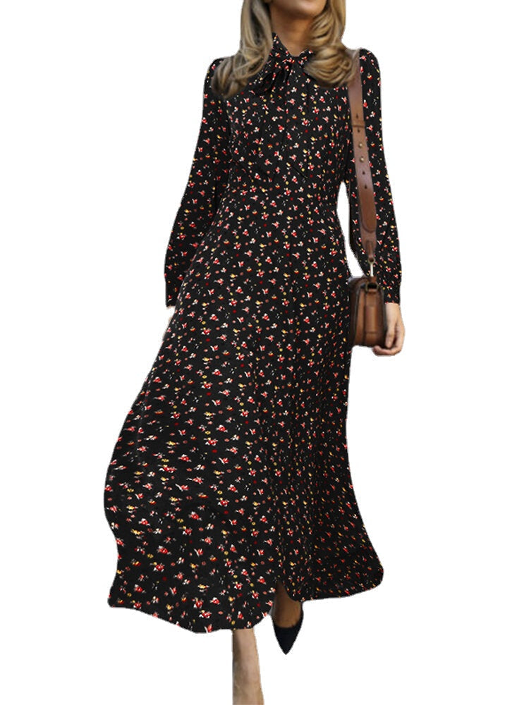 Women Floral Print Lace-Up Long Sleeve Side Zipper Casual Daily Maxi Dress