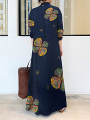 Women Flower Print Button Up Casual Long Sleeve Maxi Shirt Dresses With Pocket