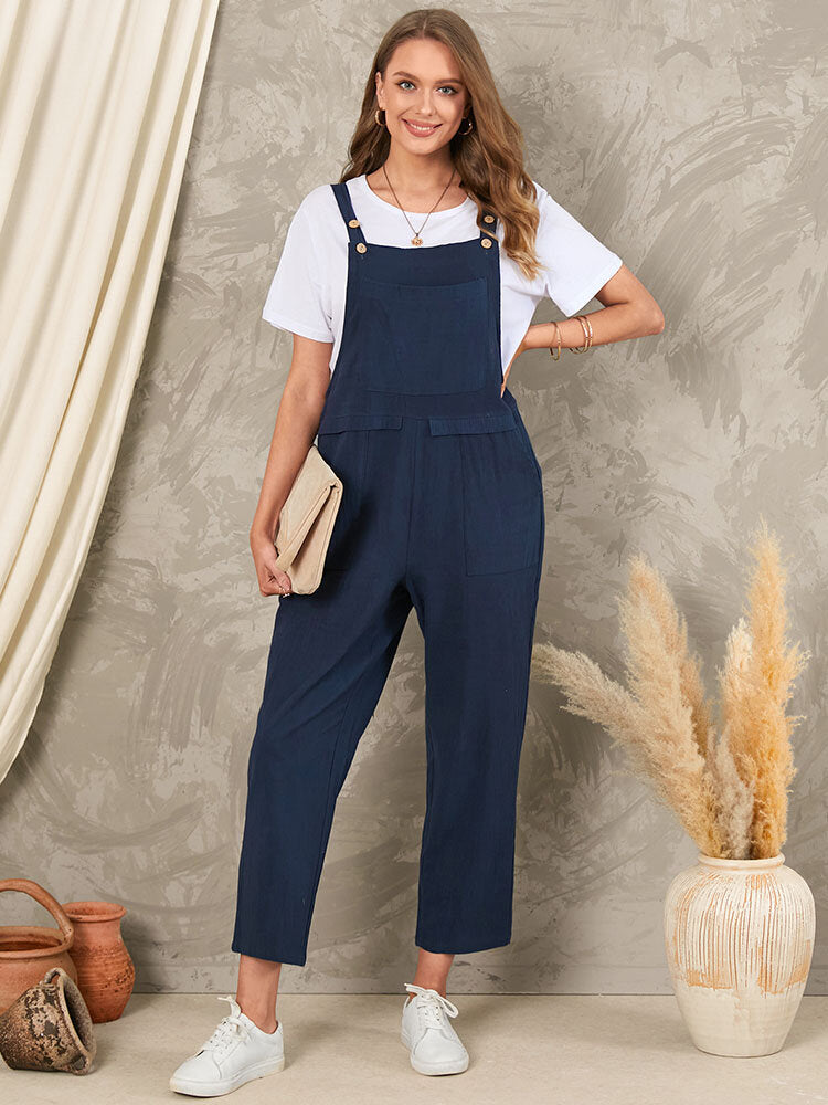 Solid Pocket Sleeveless Button Casual Jumpsuit For Women