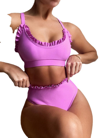 Solid Color Frill Trim Open Back High Waisted Bikinis Swimwear For Women