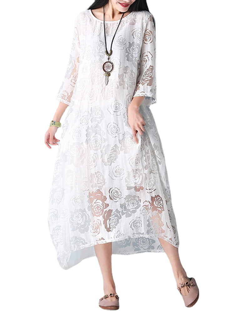 Elegant Women O-Necklace Crochet 3/4 Sleeve Pure Color Midi Dress