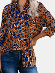 Women Vintage Leopard Print Pockets Turn Dowm Collar Long Sleeve Shirts