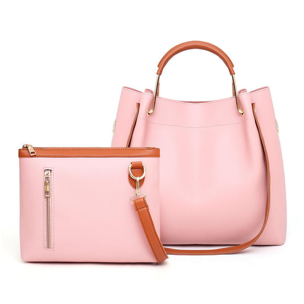 Women Leisure Faux Leather 2 Pcs Bucket Bag Crossbody Shoulder Handbag