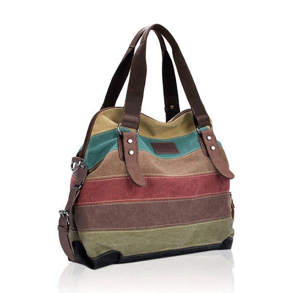 Women Stripe Canvas Handbag  Micro-Fibric Leather Shoulder Contrast Color Crossbody Bags