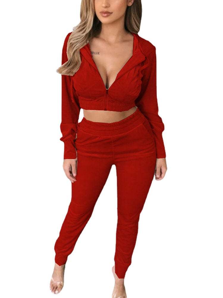 Women Velvet Zip Up Crop Hooded Sweatshirt Casual Long Two-Piece Set With Pocket