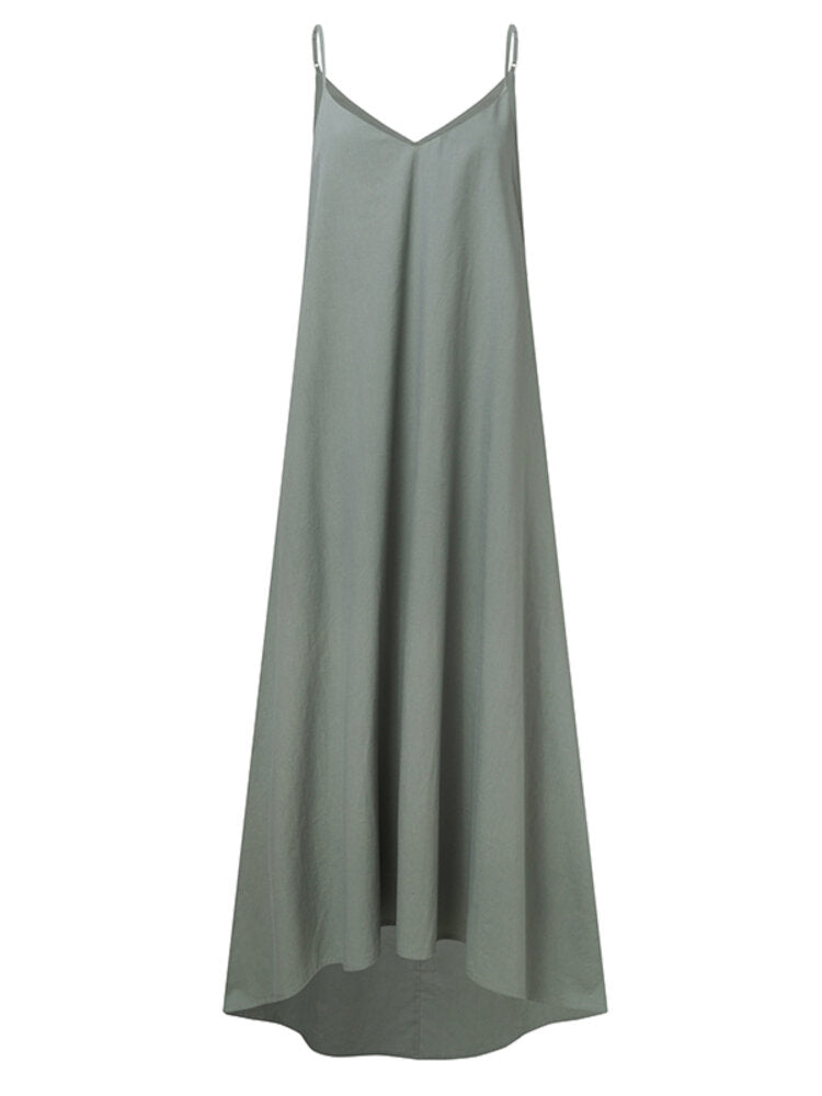 Women Cotton Sleeveless V-Neck Adjustment Straps Maxi Dress