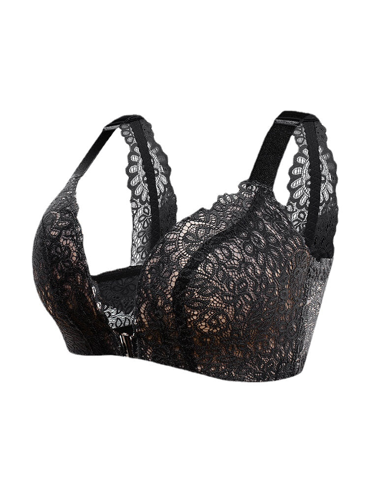 Women Front Closure Beauty Back Lace Wireless Breathable Lightly Lined Bra