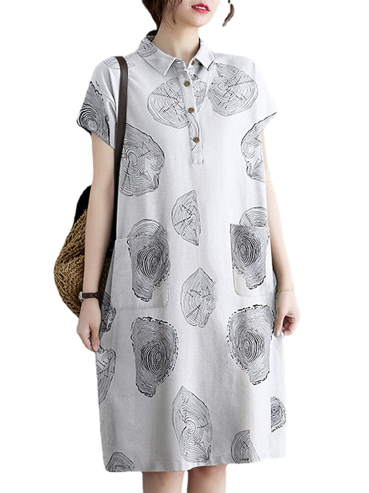 Print Button Pocket Lapel Short Sleeve Casual Midi Dress