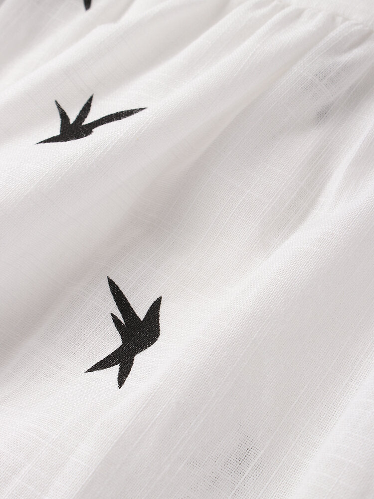 Daily Casual Women Bird Print Cotton Linen Long Sleeve Shirt Commute Blouse