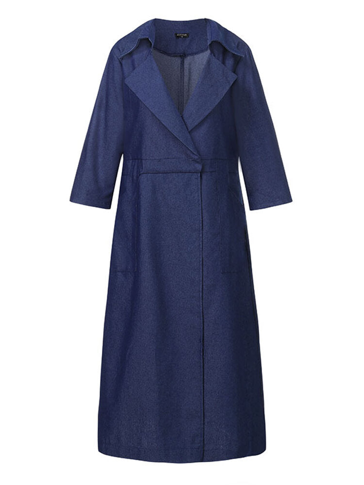 Women Denim Nine Points Sleeve Lapel Regular Fit Midi Dress With Pocket