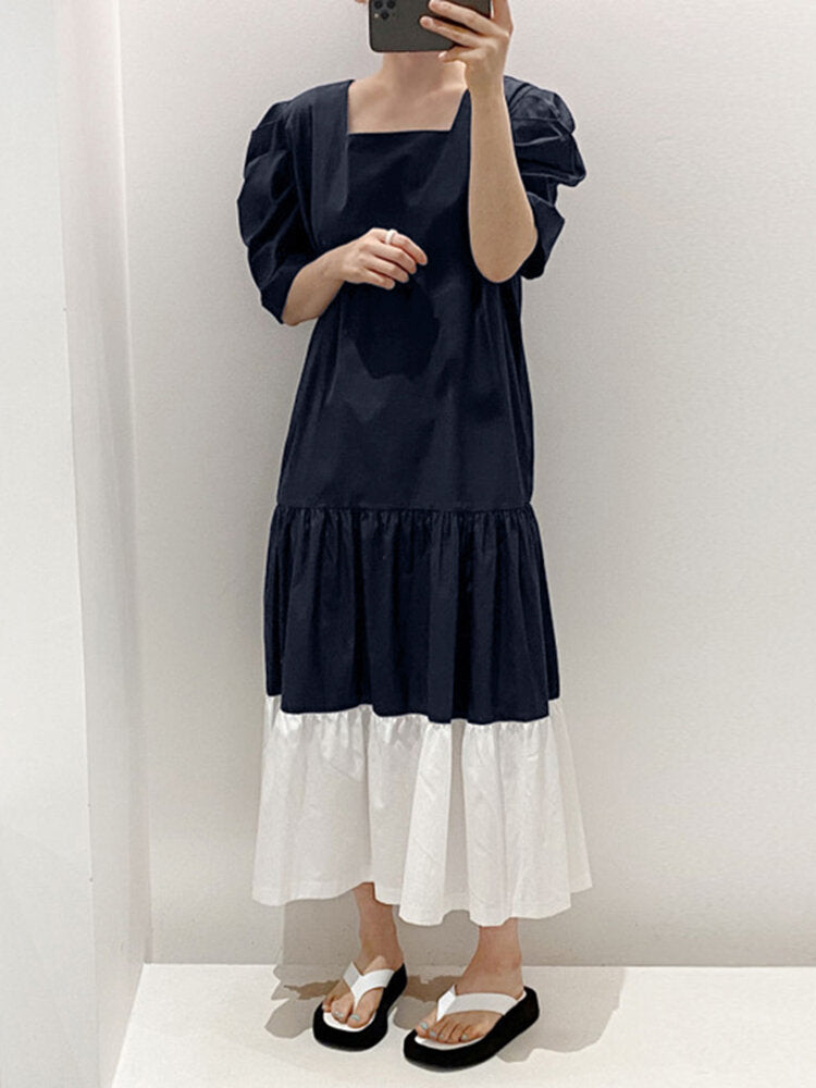 Puff Sleeve Spliced Pleated Solid Loose Summer Dress For Women