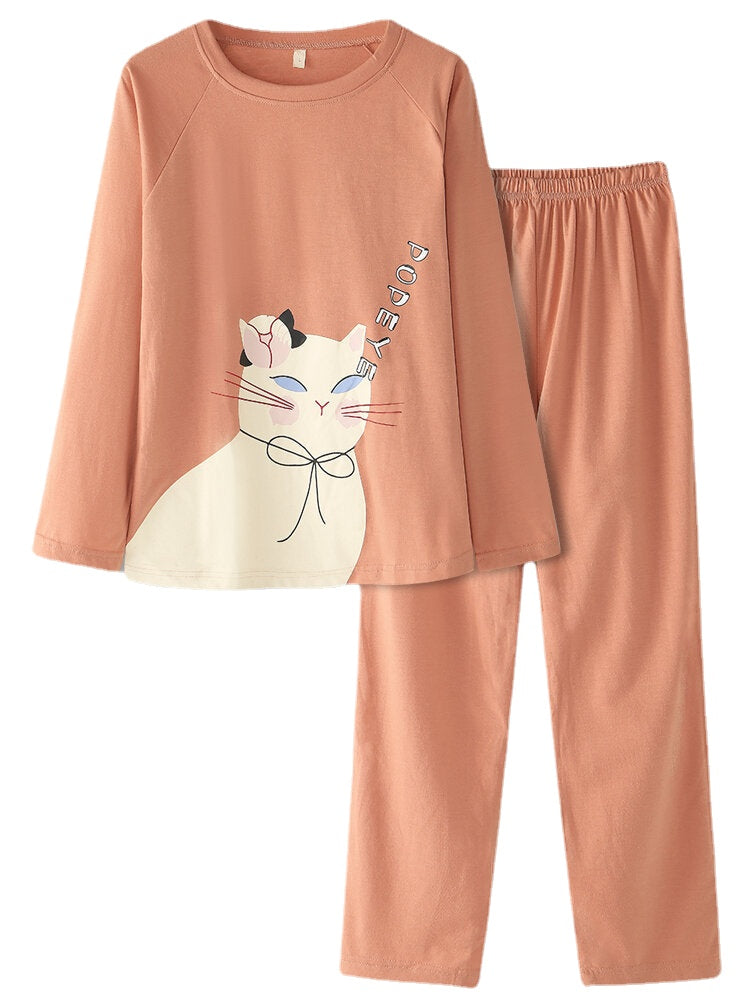 Women Cartoon Cat Solid Color Elastic Waist Loose Pants  Home Pajamas Set
