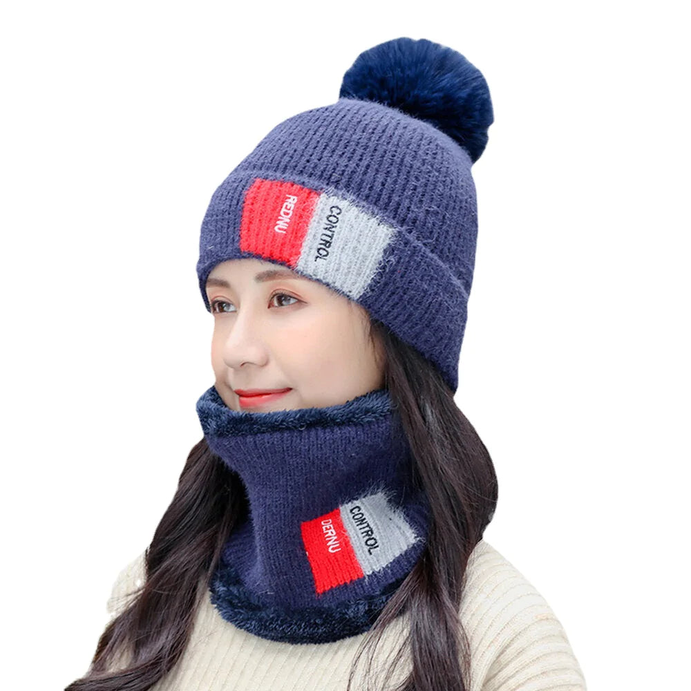 Unisex 2PCS Warm Windproof Knitted Hat & Scarf Set - Plus Velvet, Winter Neck & Face Protection