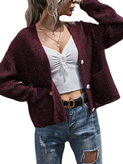 Women Solid V-Neck Button Up Knitted Casual Double Pockets Cardigan Sweater