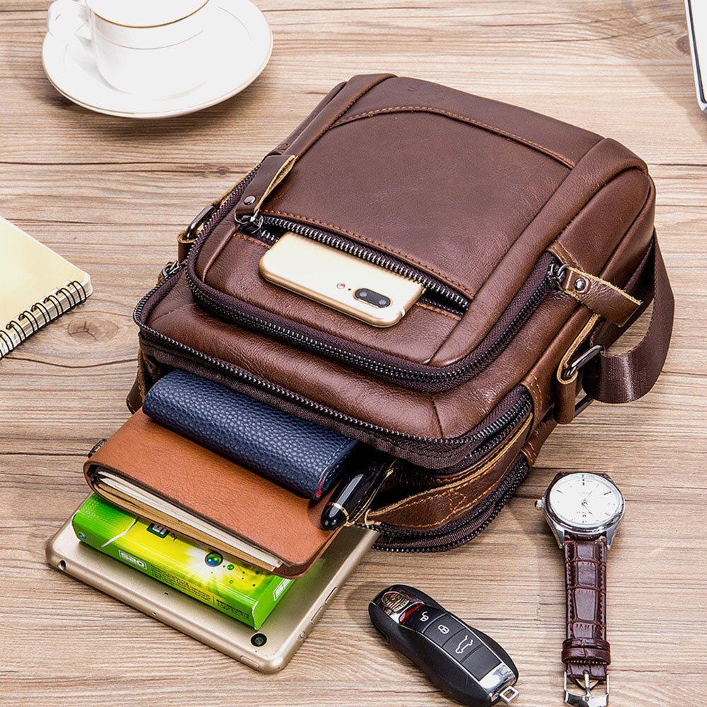 Men Genuine Leather Multi-pocket Wear-resistant Waterproof Vintage Handbag Crossbody Bag Shoulder